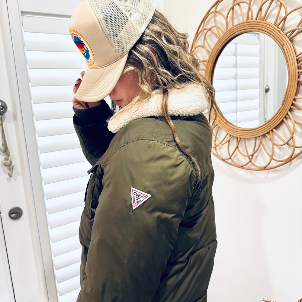 Guess Olive Green Puffer Jacket with Sherpa Collar